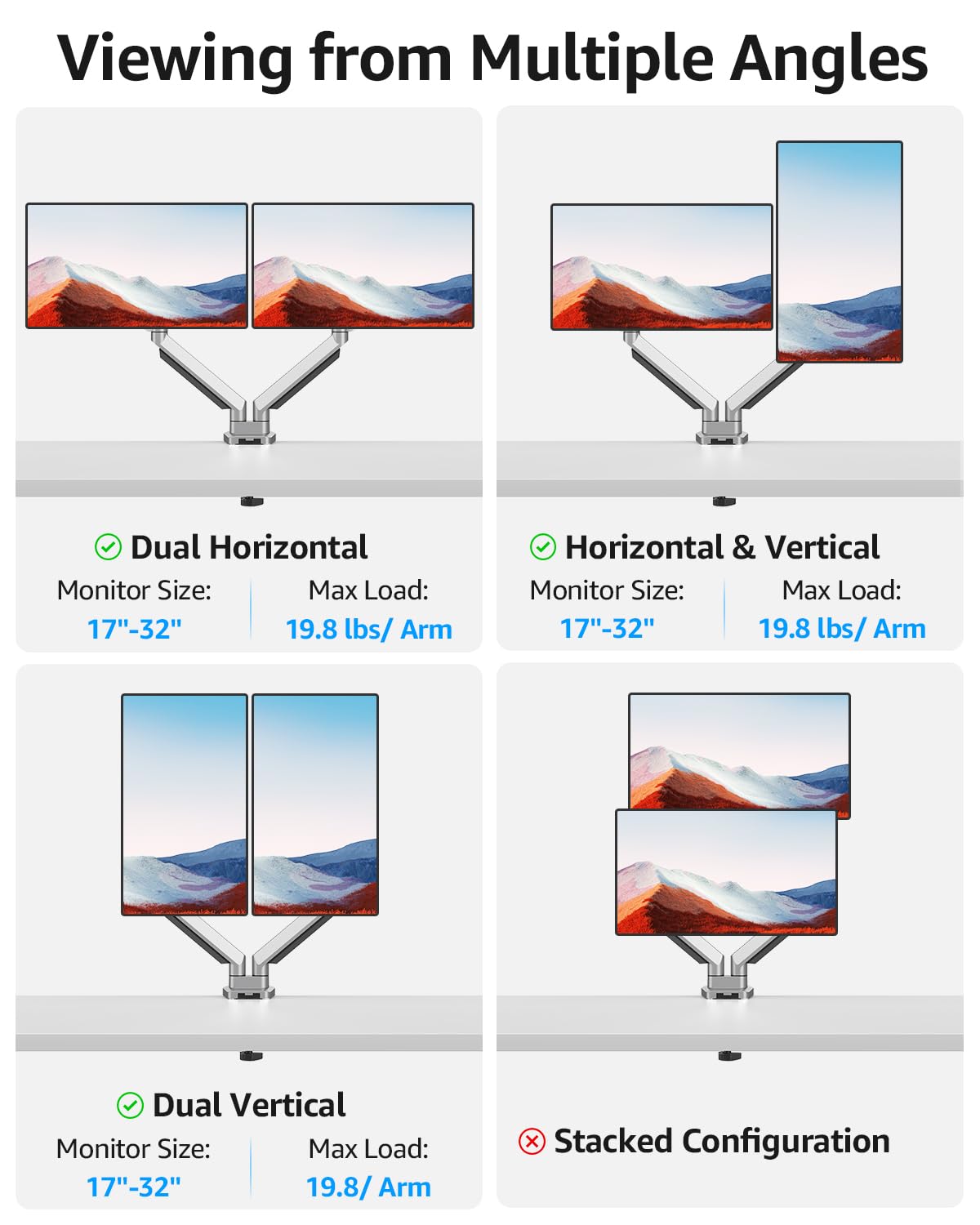 MOUNTUP Supporto da scrivania per doppio monitor, in alluminio pressofuso completamente regolabile, braccio doppio per monitor con molla a gas, supporto per monitor per computer adatto a 2 schermi da