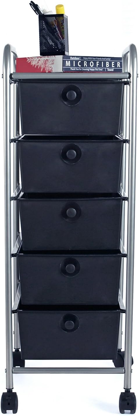 EaseOffice 5-Drawer Rolling Storage Cart with Heavy Duty Chrome Steel Frame for Home, Office, Beauty Salon and More, Black