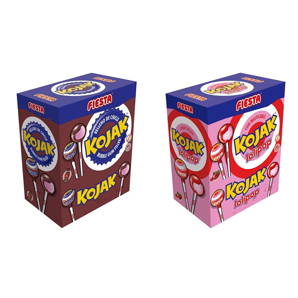 FIESTA Kojak Caramelo con Palo Sabor Cola Relleno de Chicle - Caja de 100 unidades & Kojak Lolipop Caramelo con Palo Sabor Cereza Relleno de Masticable de Fresa - Caja de 100 unidades