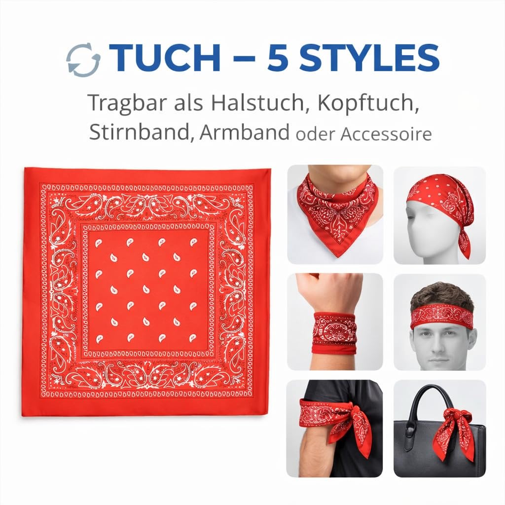 TK Gruppe Timo Klingler Bandana chusta na szyję czerwona, chusta na głowę szal na karnawał - kobiety i mężczyźni - opaska na czoło gangster i bandyta