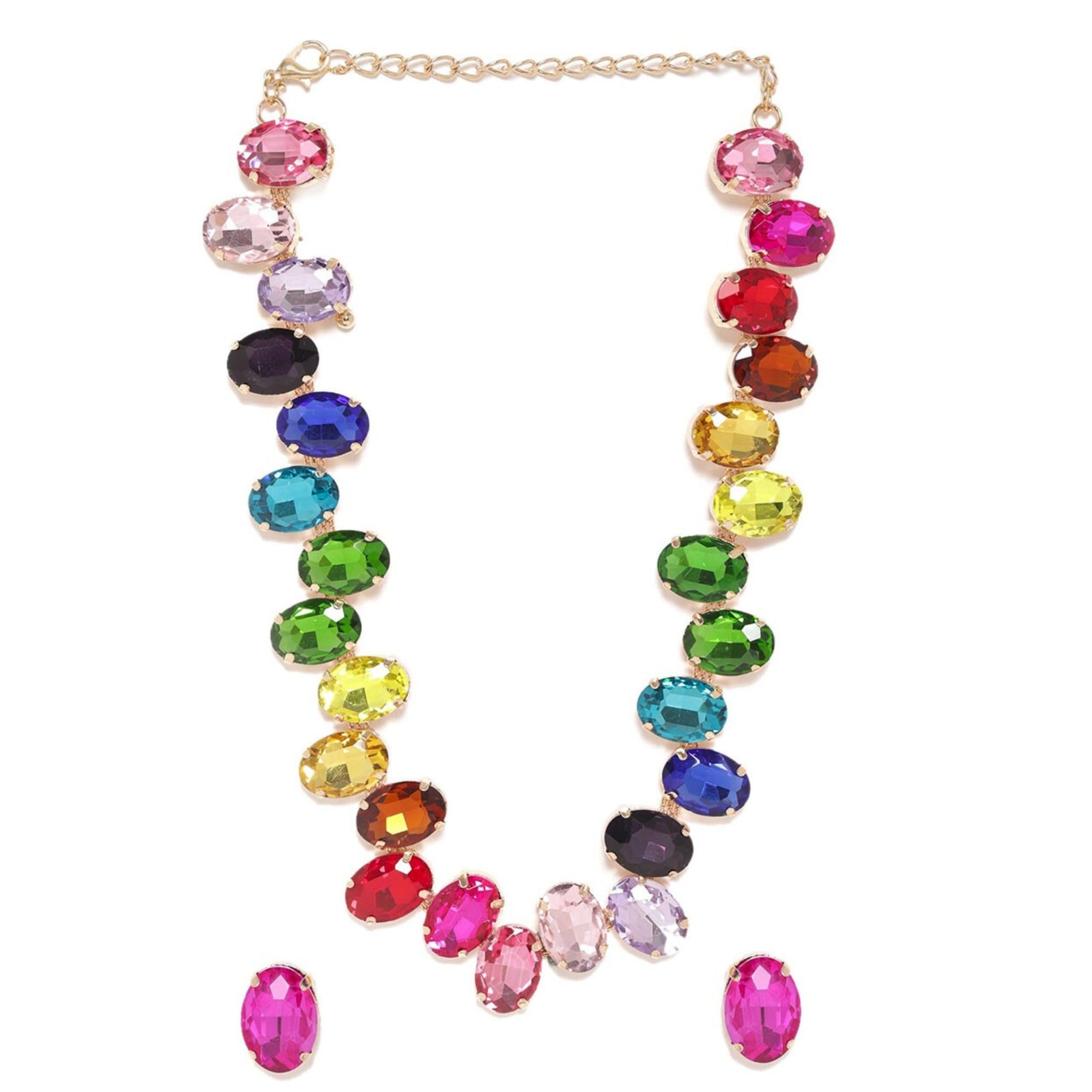 Mansiyaorange Big American Diamond CZ Gemstone-Studded Necklace Jewelry Set For Women Girls
