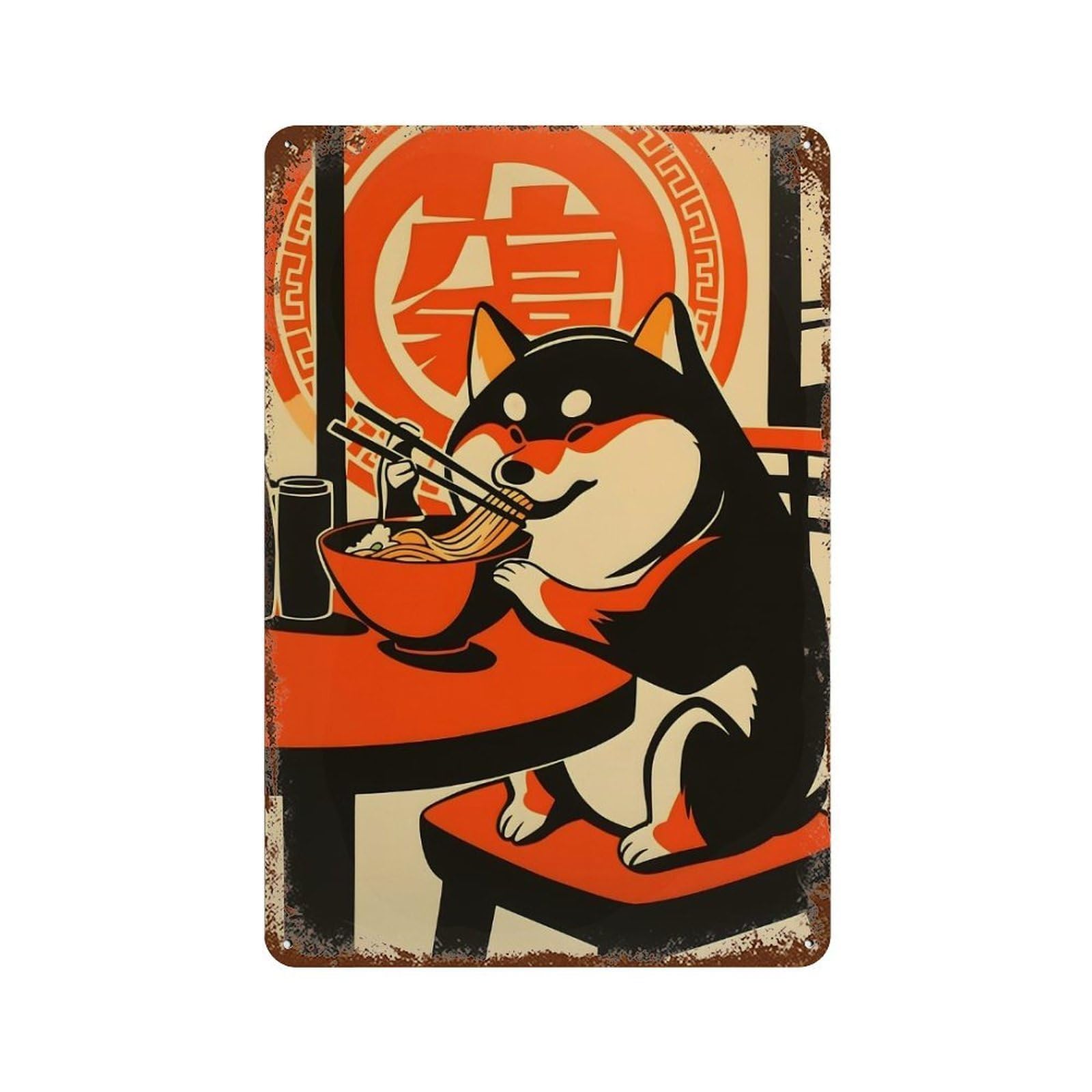 Shiba Inu Eating Ramen Rust Effect Tin Sign 11.8"x7.9", Industrial Home Decor for Cafe, Home Bar And Lounge Decor
