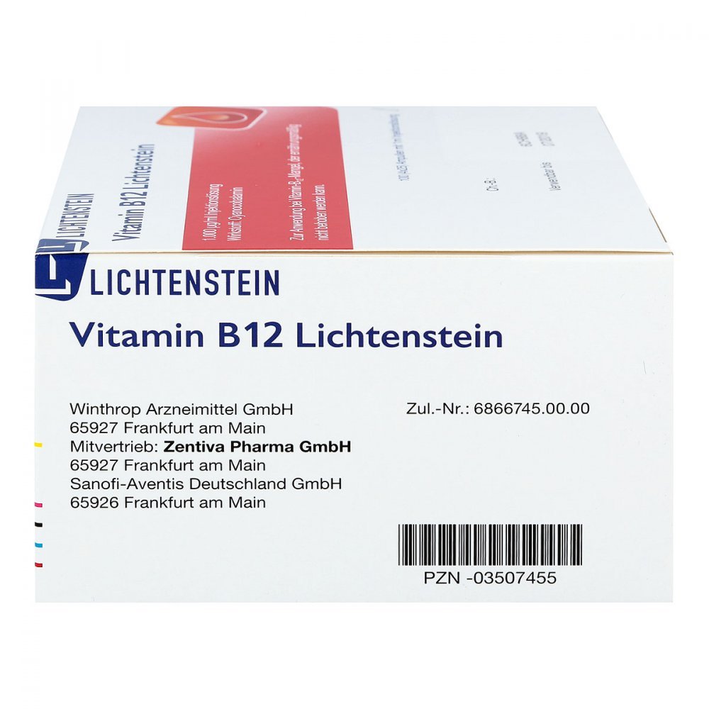Vitamin B12 1.000 μg Lichtenstein Ampullen 100 Stück – bei Vitamin-B12-Mangel, Cyanocobalamin Injektionslösung, unterstützt Blutbildung, Nervengesundheit, Immunsystem