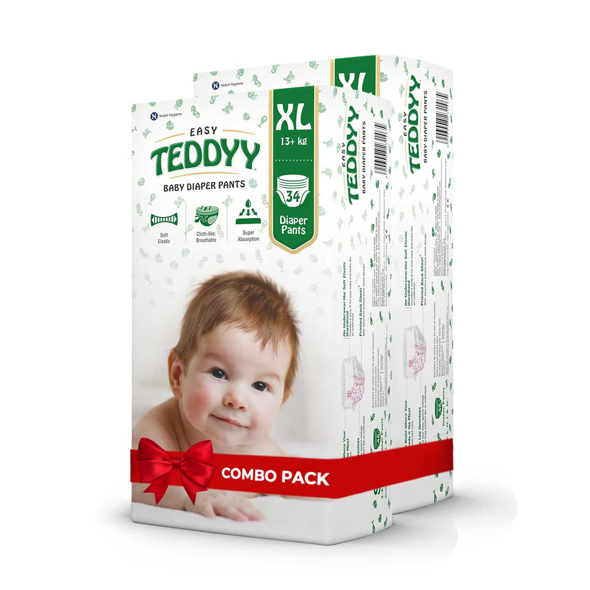 TEDDYY Easy Baby XL Size Diaper Pant Style | 68 Count (Extra Large) | 12β17 kg (Pack of 2) | Long Protection Hours | Anti-Bacterial | Airy Breathable Fit | Rapid Soaker Channels with Wetness Indicator