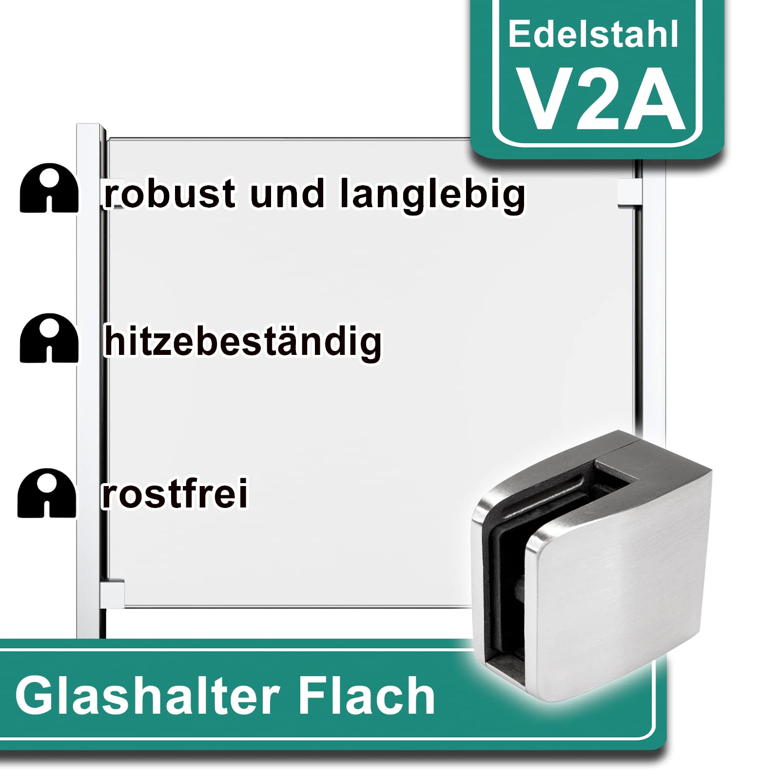 PRIOstahl Glashalter 4 Stück Glasklemme Klemmhalter Glashalter mit Sicherungsplatte + Sicherungsstift 52 x 52 x 32 mm Anschluss: Flach für Glas 8 mm aus Edelstahl V2A
