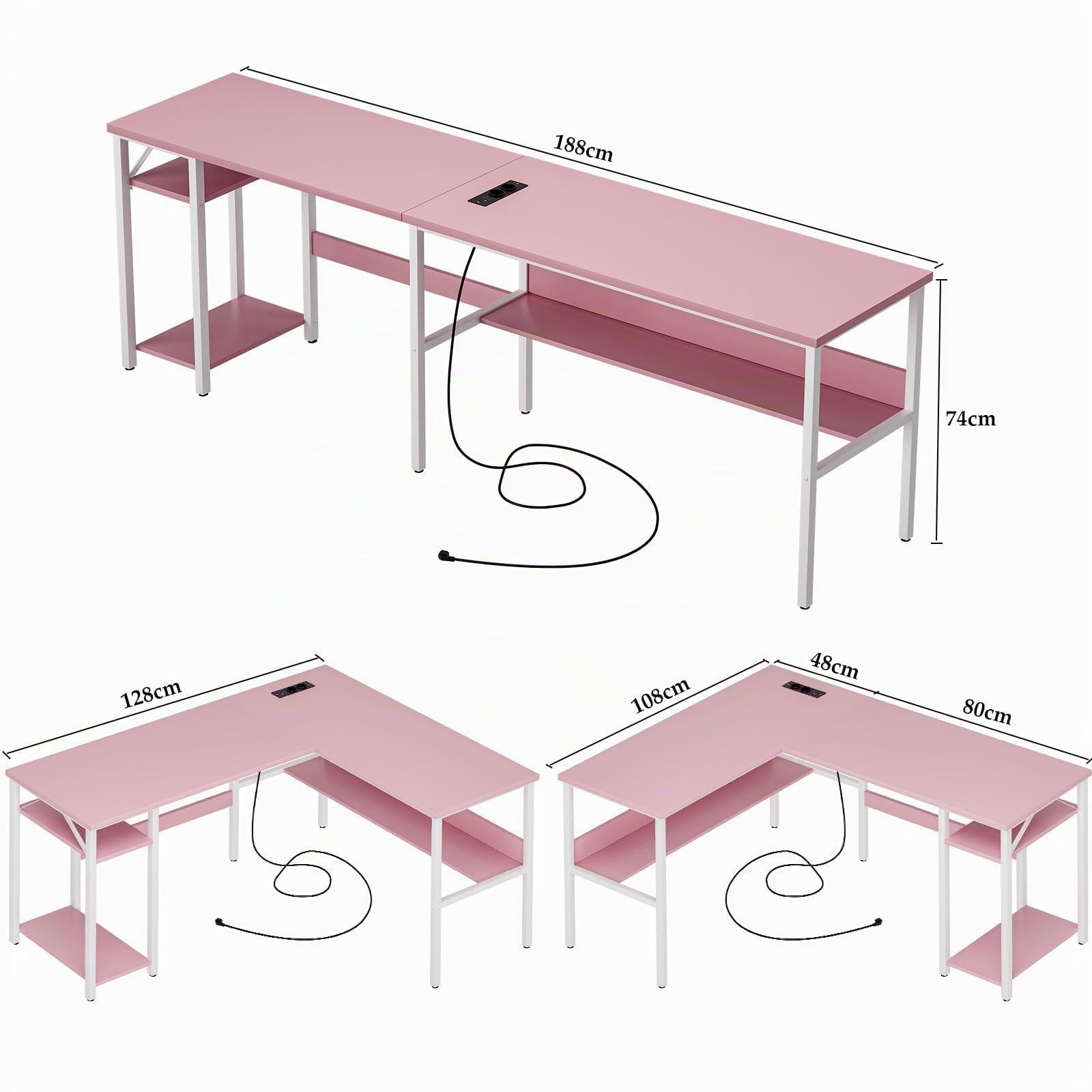 Homieasy Bureau d'angle 128cm avec Prises et USB, Rose
