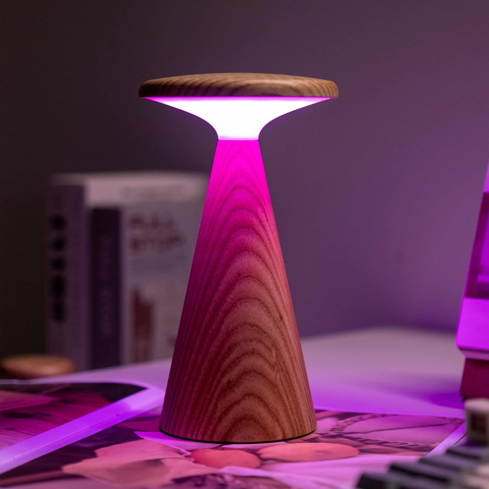 Gingko Design Sylva - Lámpara de mesa grande, color ceniza blanca, moderna lámpara de madera con acabado de grano natural, iluminación ambiental suave para sala de estar, dormitorio u oficina