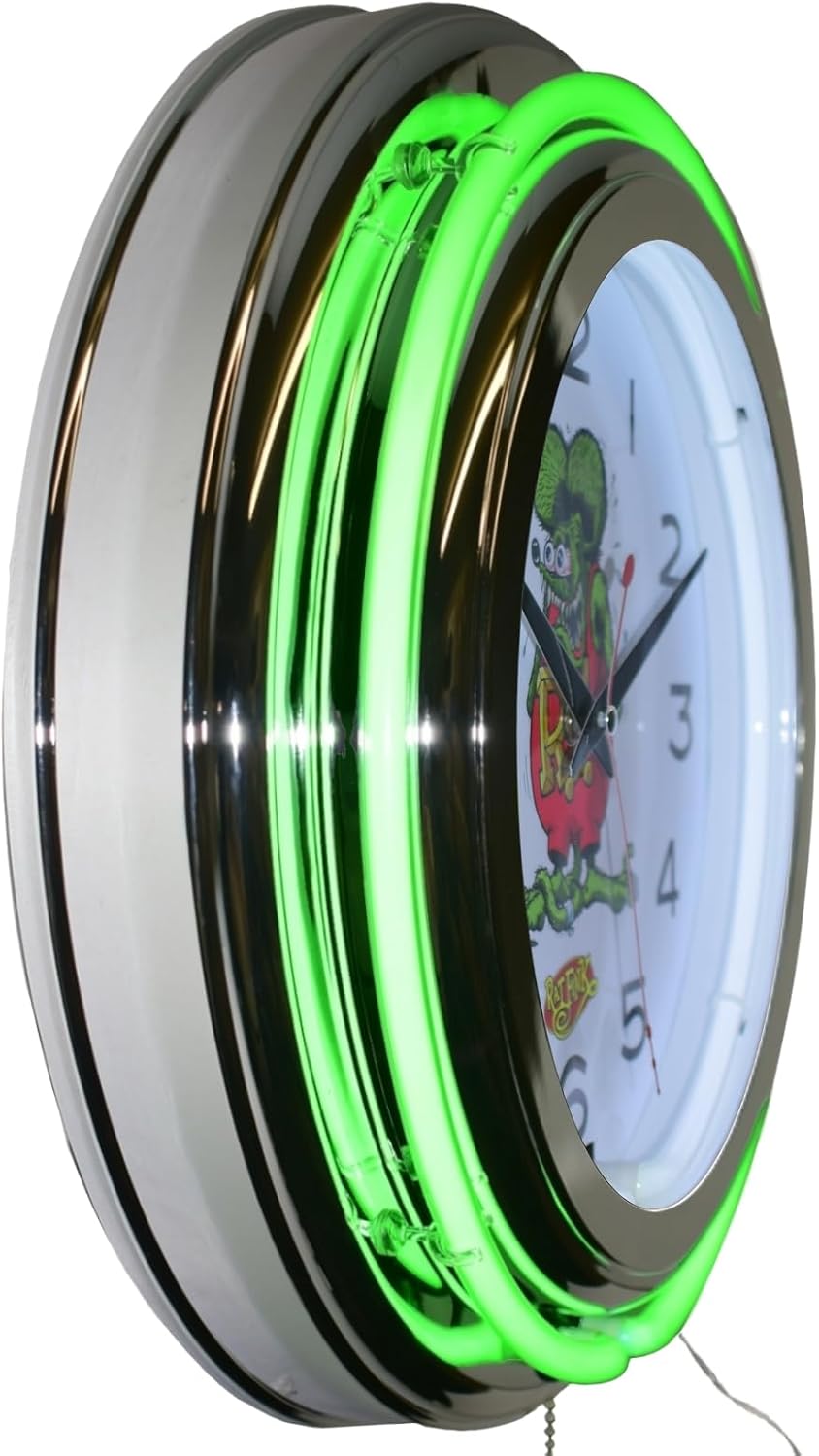 Rat Fink Nostalgic Green Double Neon Lighted Wall Clock Chrome