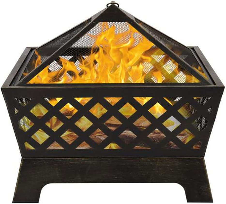 Fire Pit Garden Pits with Heat-Resistant Coating Iron Tabletop Outdoor Wood Burning with Spark Screen Cover and Poker
