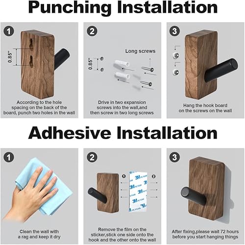 Miniatura 5 de 4 PCS Ganchos de Pared de Nogal Negro, Ganchos Rústicos Decorativos para Entrada Montados en Adhesivo y en Pared, Clavos de Madera Natural Modernos