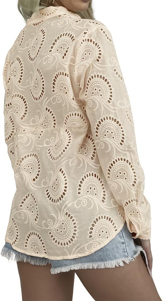 Embroidered Eyelet Long Sleeve Button Down Shirt Business Casual Tops Western Cowgirl Outfits For Women - Image 7