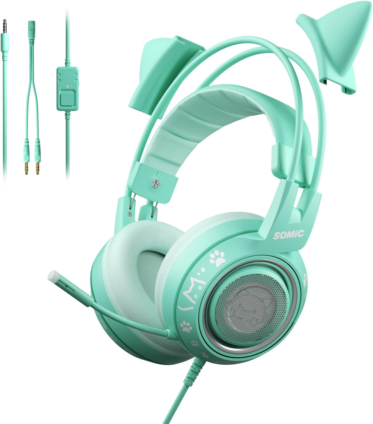 G951S Green Gaming Headset with Microphone for PS4, PS5, Xbox One, PC, Cat Ear Headphones Over Ear with in-Line Mic Control, Stereo Sound for Girls, Woman