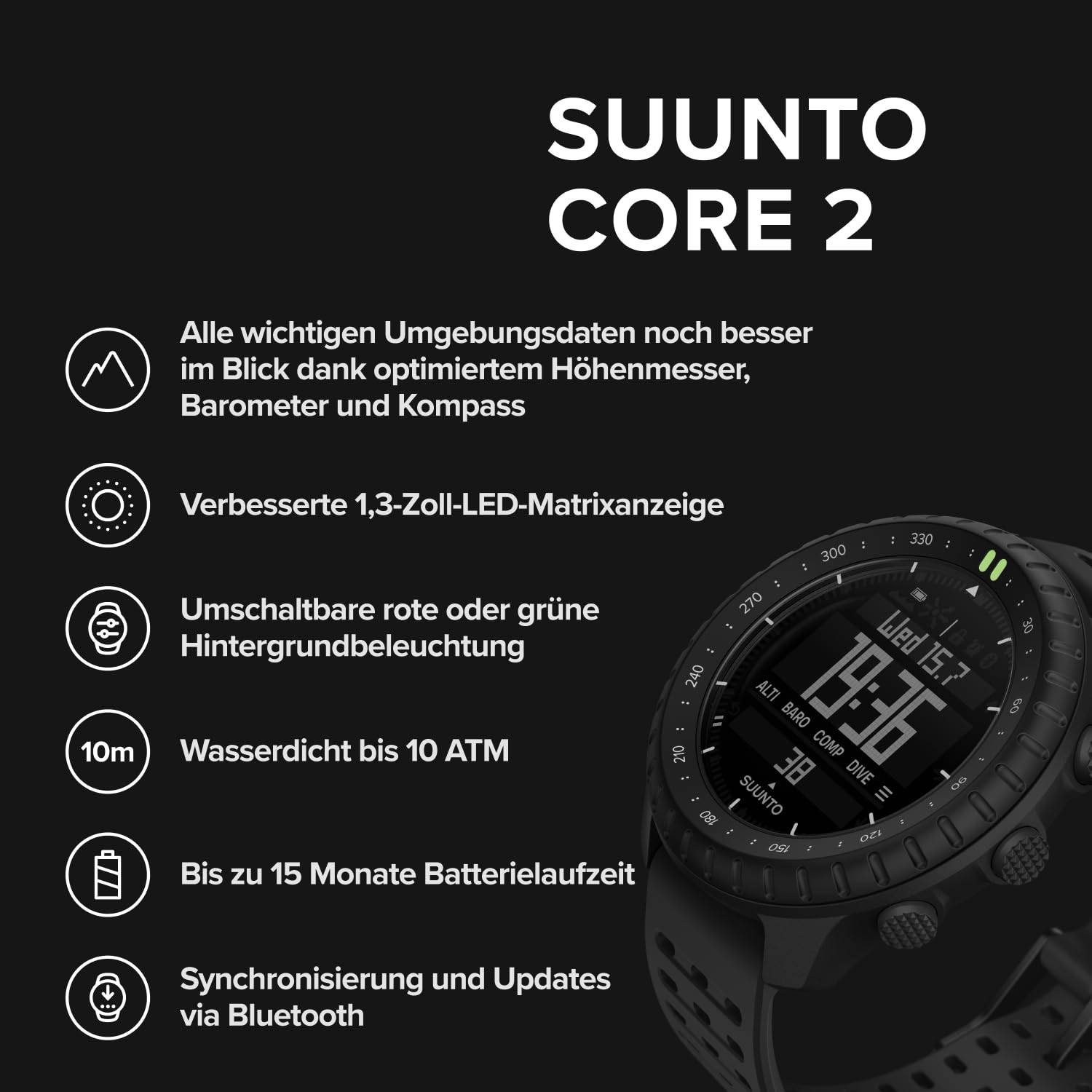 SUUNTO Core 2 Outdoor-Uhr, 10 ATM wasserdicht, 15 Mon. Akku | Höhenmesser, Barometer, Kompass, Sturmwarnung, rot/grüne Hintergrundbeleuchtung, Schrittzähler, SUUNTO‑App, Schwarz