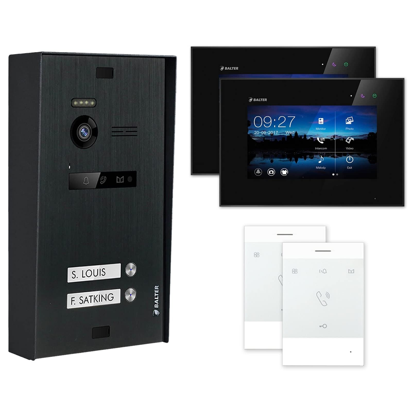 Nonic Balter EVO Aufputz Video-Türsprechanlagen Set 2 Familienhaus (1x Türstation mit Kamera, 2X Touchscreen 7 Zoll LCD-Monitor Schwarz, 2X Talk Analoge Sprechstelle, 2-Draht Bus, 150° Kamera)