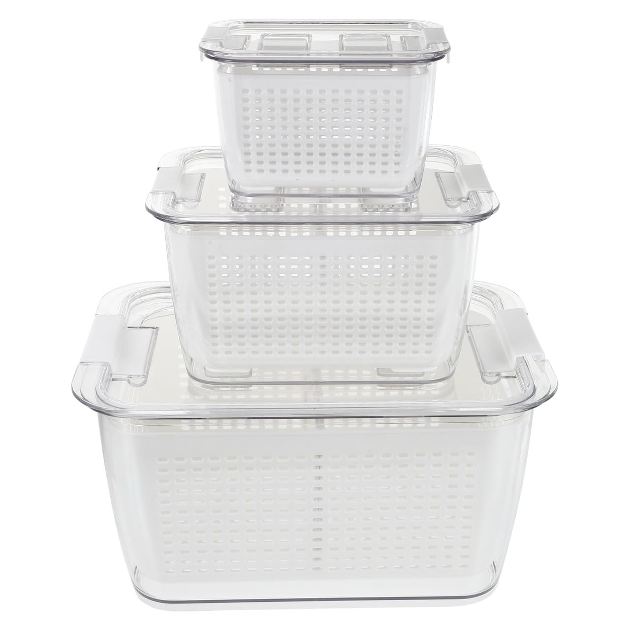 Frischebox für Obst und Gemüse mit Deckel Weiß aus Pet und Pp mit Wasserablaufkorb und Griffdesign Praktische Aufbewahrungsbox für Küche und Zuhause