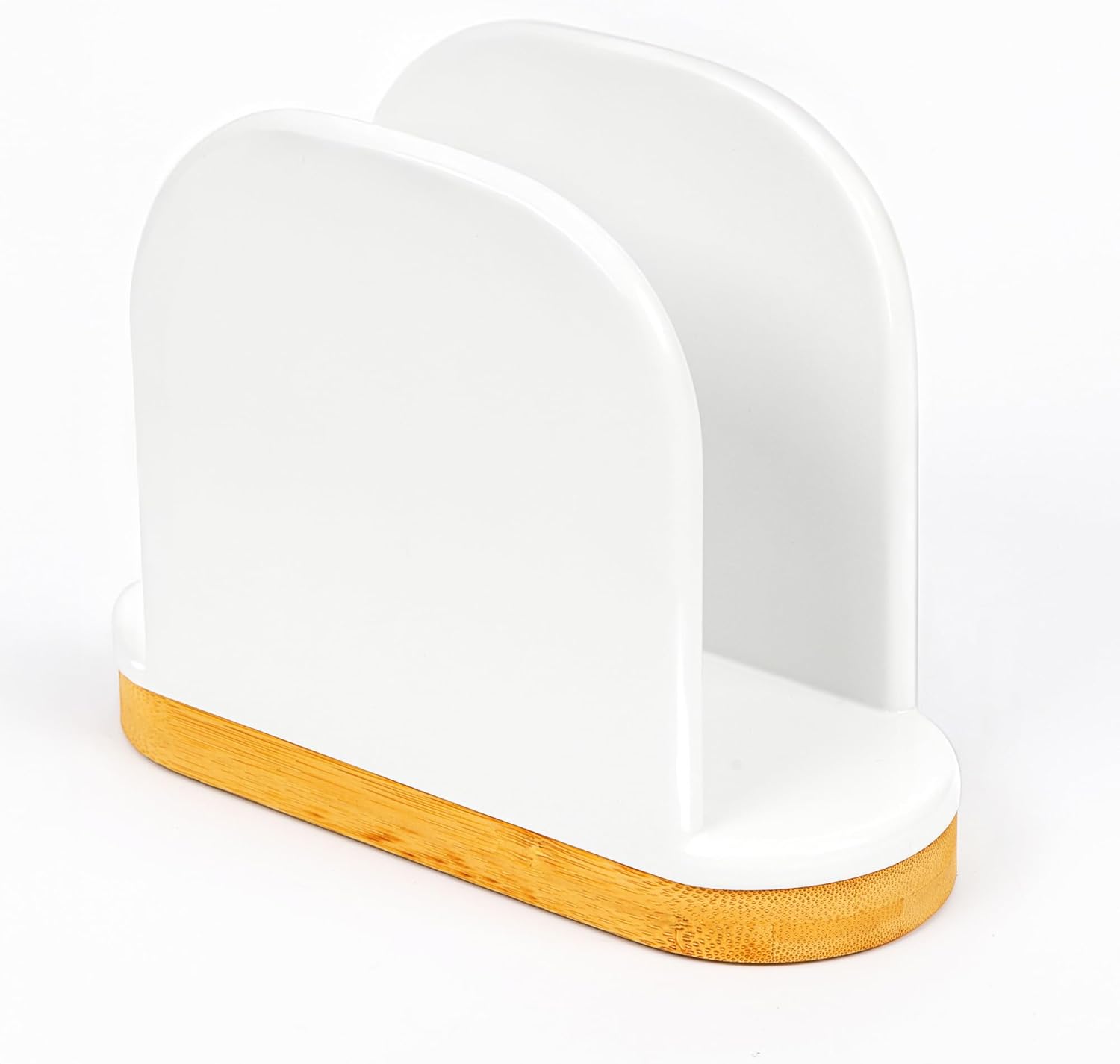 DAILY RITMO® White Standing Napkin Holder with Bamboo Bottom | Extended Weighted Base Vertical Design for Large Disposable Guest Towels & Paper Napkins | Modern Ceramic-Like Resin