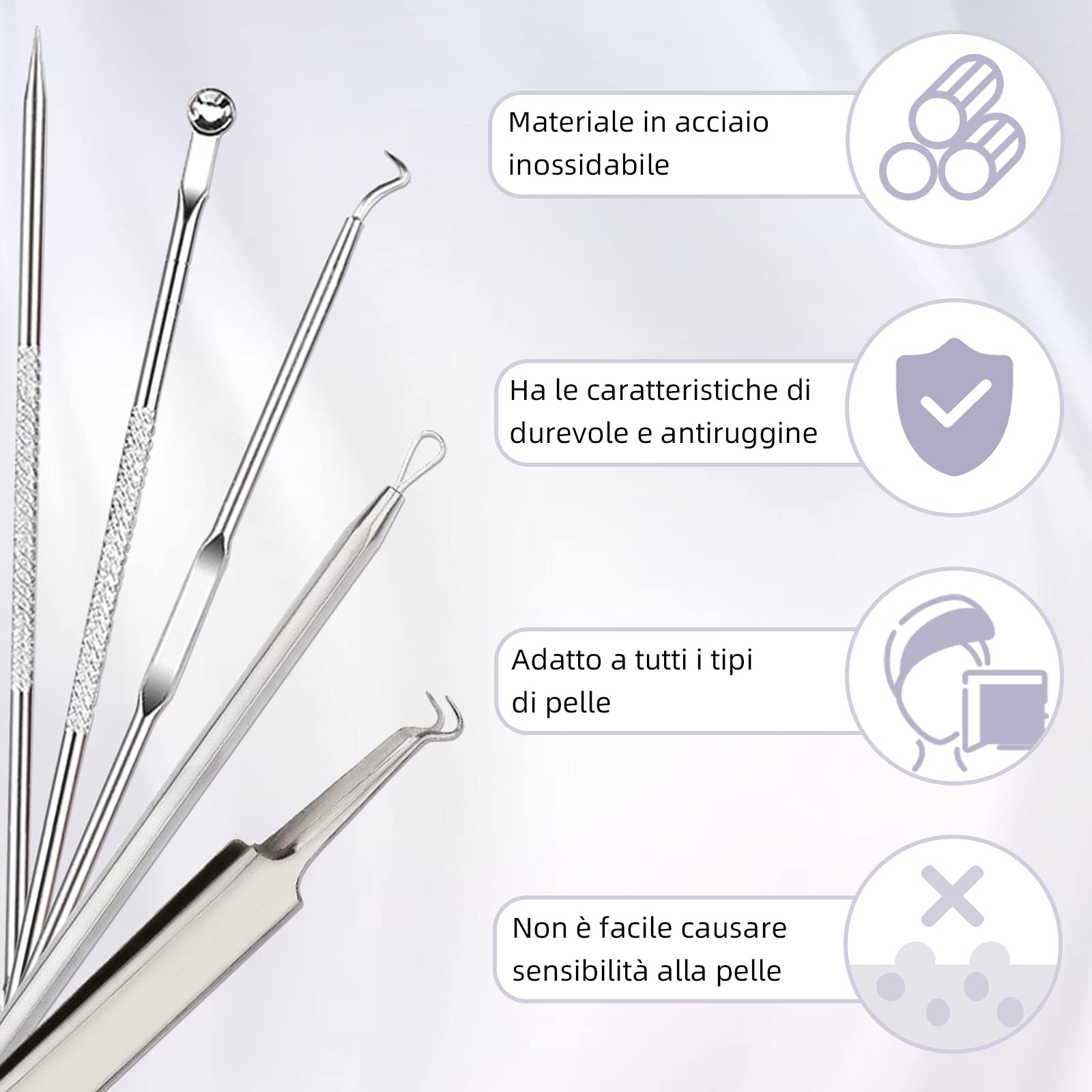 Kit di Strumenti Rimozione Punti Neri 5 Pezzi, Blackhead Estrattore Ago Acne in Acciaio Inossidabile con Scatola, per il Trattamento e la Togli di Comedoni sul Naso o Viso