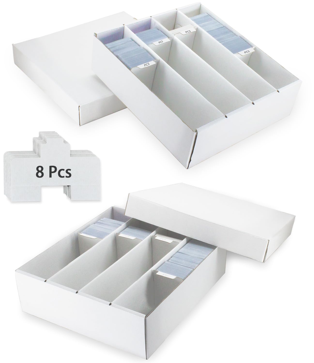 IRJRNSDX 4 Row Trading Card Storage Box, 2 Pack 3200 Count White Cardboard Storage Box with Supporters and Divider for Basketball/MTG/TCG/Sports/Game Cards Organizer and Collection