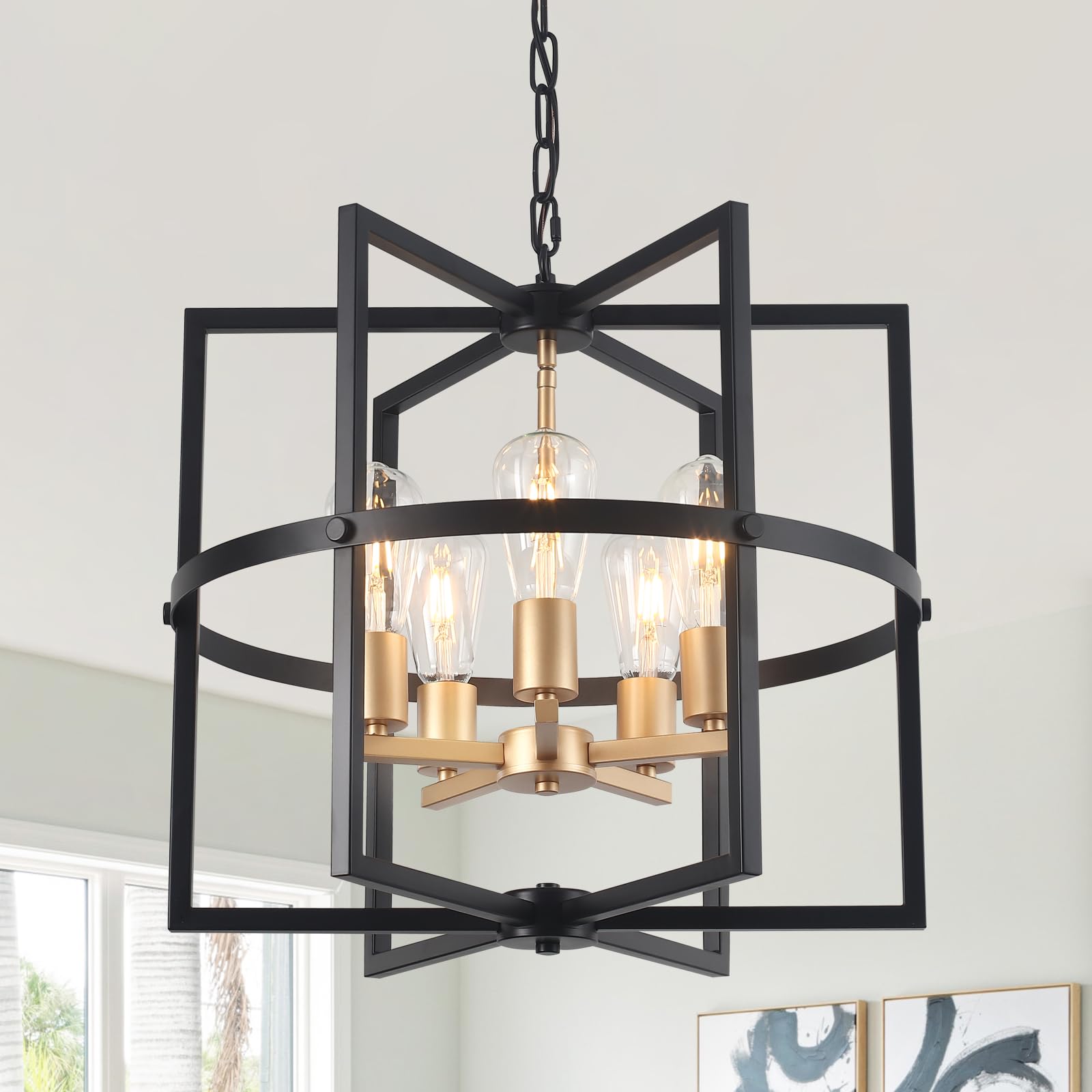 Febeleven 5-Lights Black and Gold Pendant Ceiling Light, Industrial Metal Pendant Light Fitting Chandeliers Hight Adjustable Lighting for Living Room, Kitchen, Bedroom, Dining Room
