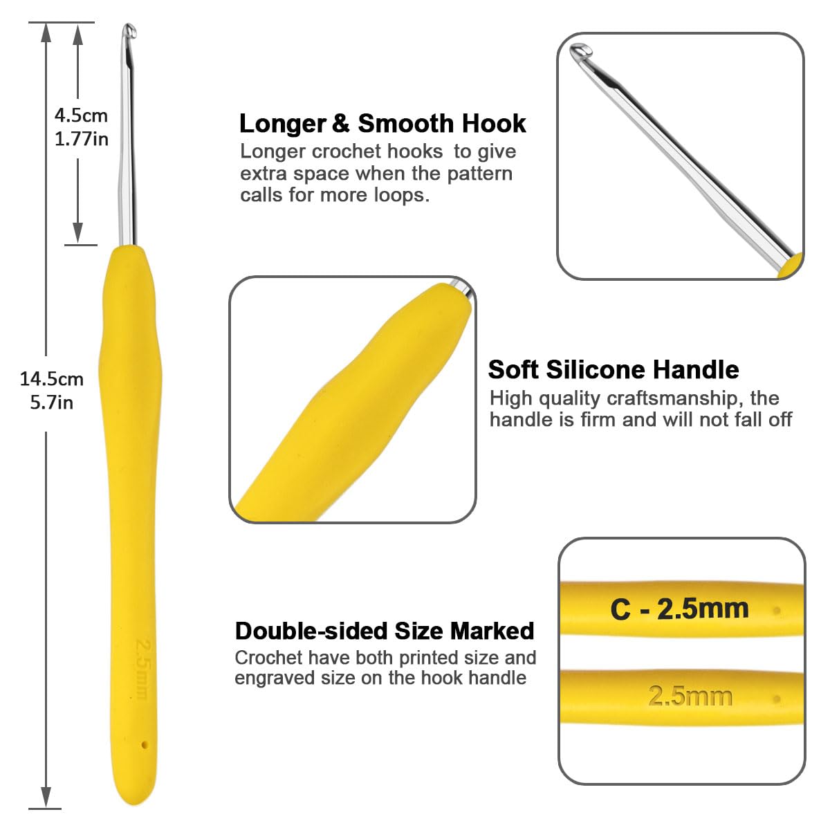 Totofy uncinetto ergonomico 2.5 mm in alluminio per principianti e hobby