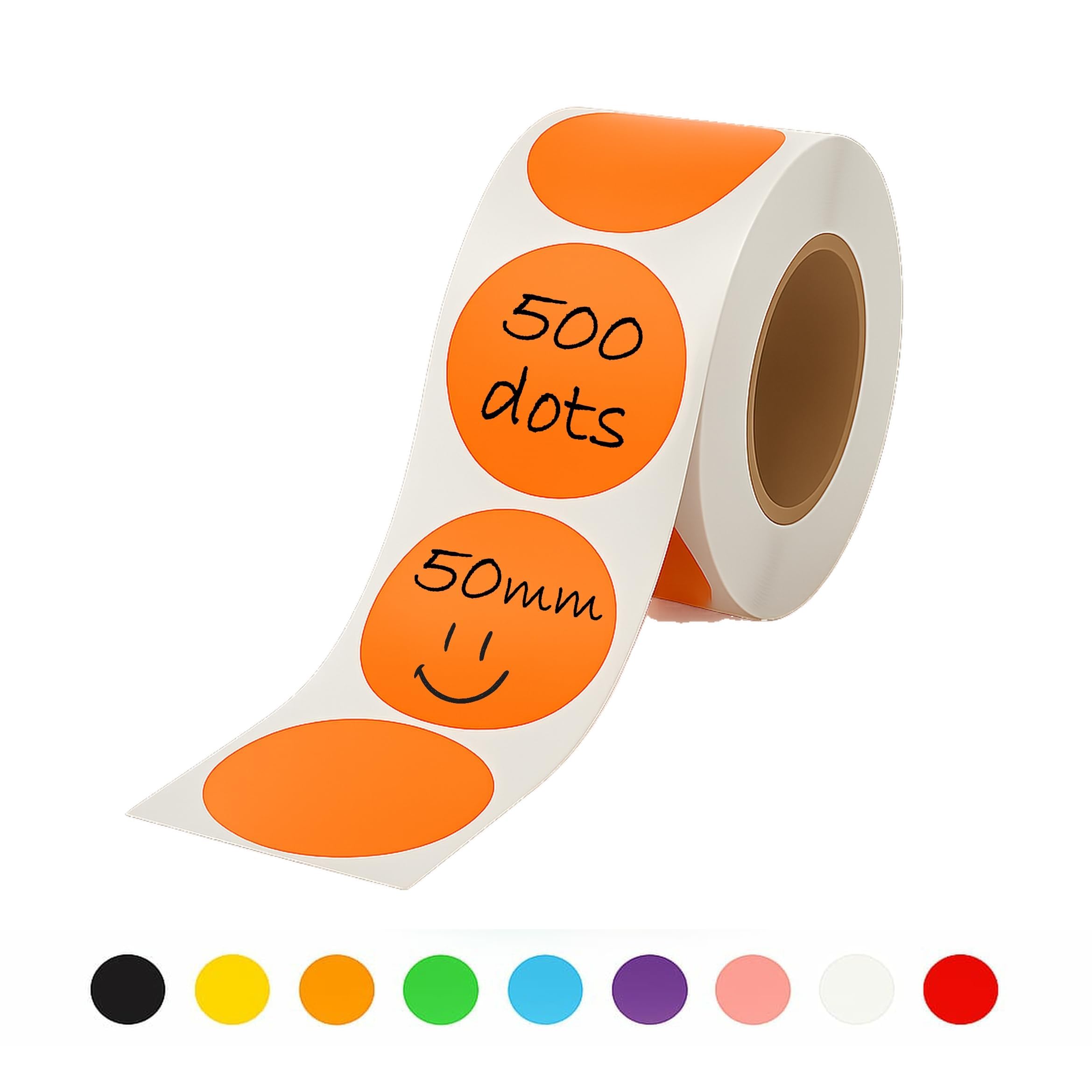 Rubigo 50mm Coloured Circle Stickers - 500 Round Stickers - 10 Colours, Writable, Durable Sticky Labels on a Roll for Moving House, Warehouse, Crafts. Semi Gloss (Orange)