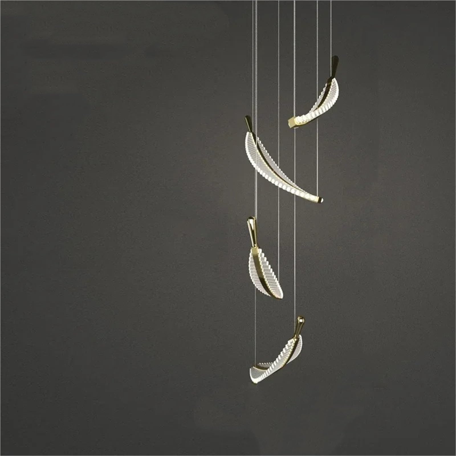 PCXEHUYP Long Modern Led Chandelier for Staircase Luxury Feather Design Hang Crystal Light Fixture Large Decor Hall Gold Lamps