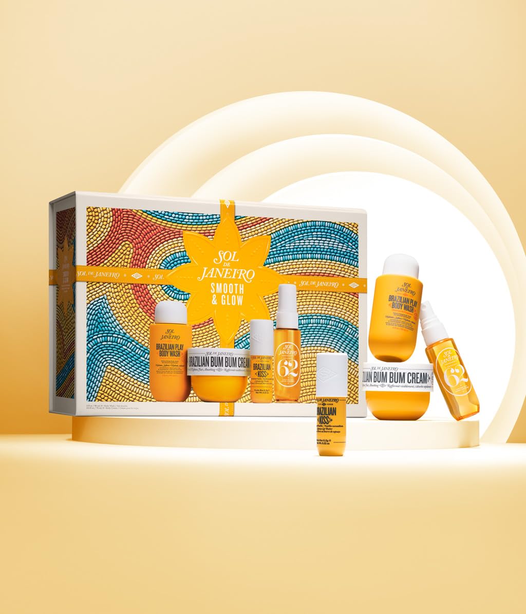 Sol de Janeiro Gift Set - Smooth & Glow Body Routine | Travel Size Bum Bum Minis including Bum Bum Cream, Brazilian Play Body Wash, Cheirosa 62 Mist, and Brazilian Kiss Lip Balm