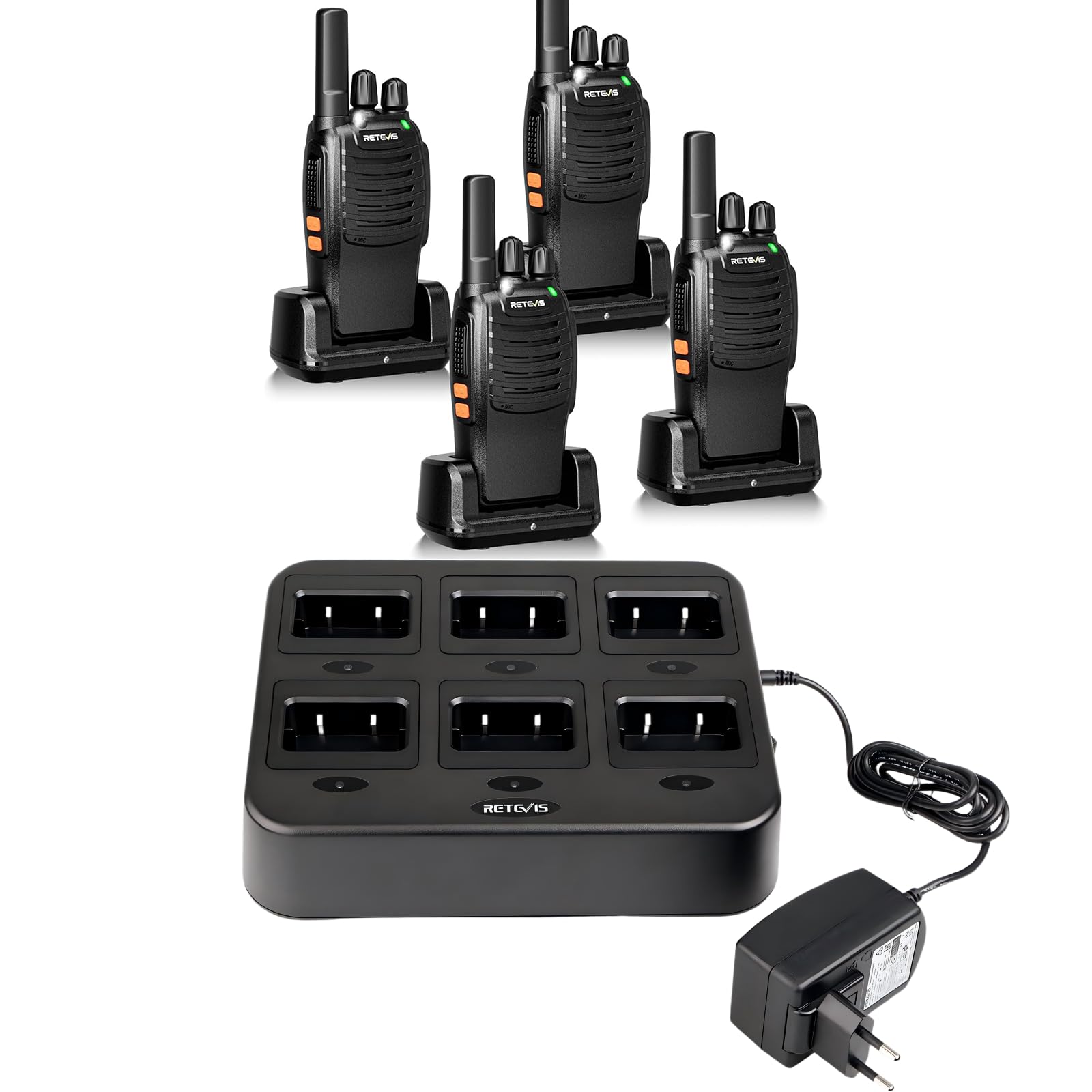 Retevis H777 Walkie-Talkie Bundle con Caricatore a Sei Vie, PMR446 Radio Bidirezionale con Torcia, VOX, USB A-Tipo C, CTCSS/DCS 16 Canali per Negozi, Vendita al Dettaglio (4 Radios + 1 Caricatore)