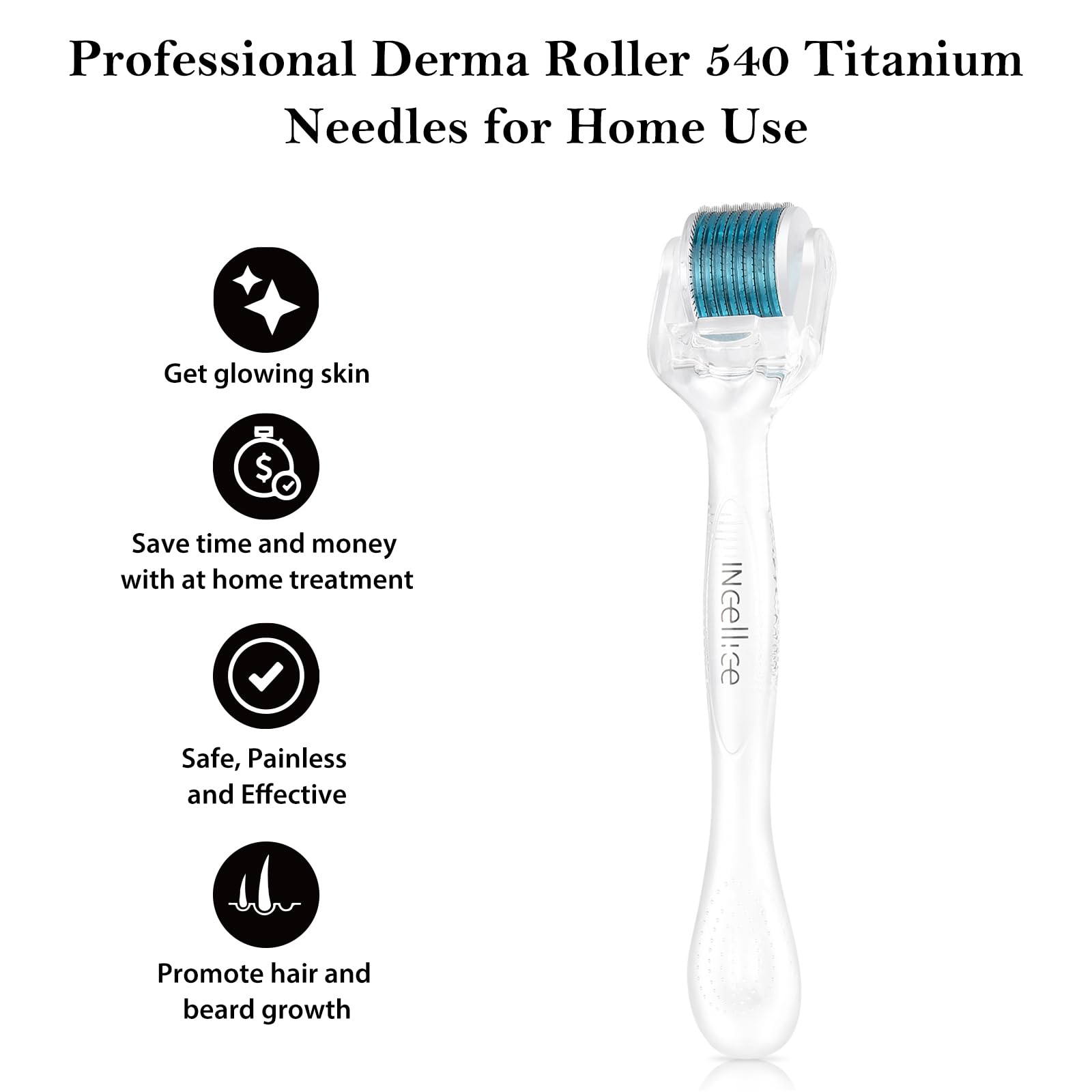 Rullo Derma - INCELLICE Derma Roller Viso, Dermaroller 1,5 mm, Microneedling Hair Roller 540 Titanio Aghi Professionale, Rullo Microaghi per Uso Domestico per la Cura del Viso e Della Barba