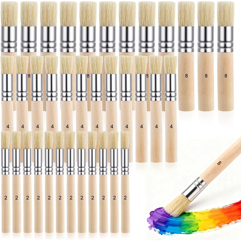 Jnchdghwa For Acrylic Painting Wooden Stencil Brushes 36 Pieces 3 Sizes Bristle Brush Set Natural Handles