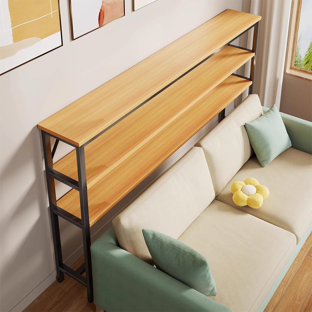 PA-DABAOO 3-Tier Narrow Sofa Table Behind Couch,Wood Long Radiator Shelf with Open Shelving,Slim Industrial Console Table with Thickened Steel Frame,Long Entryway Storage Rack,140CM