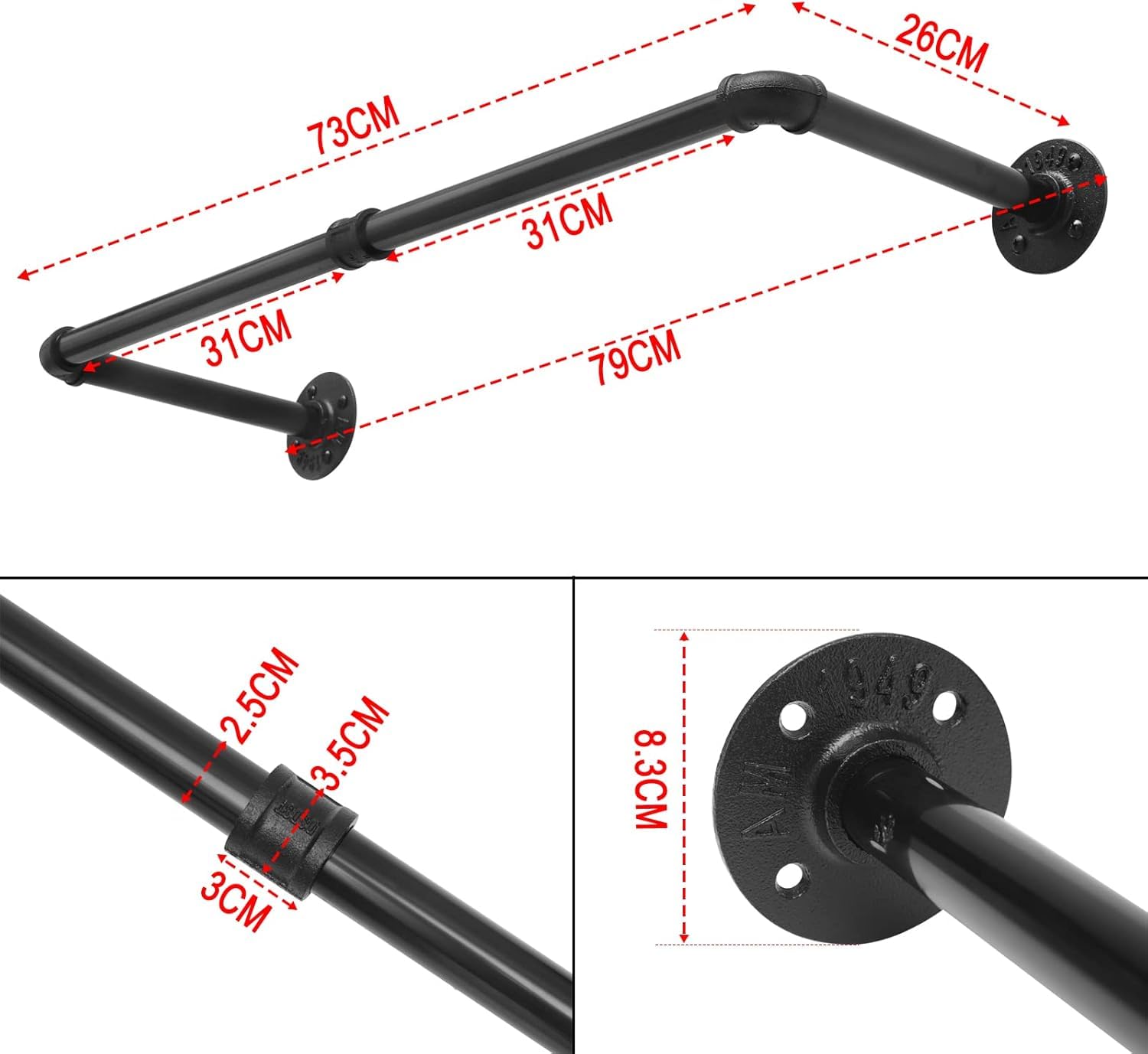 eSituro Asta Appendiabiti da Muro, Attaccapanni a Tubo, Barra Porta Abiti, Stile Industriale, in Metallo, per Ingresso e Camera da Letto, Nero, 79cm