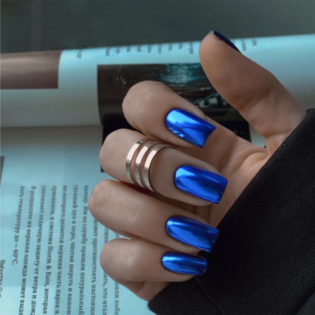 KQueenest Chrome Royal Blue Press on Nails Short Medium Square Glitter Metallic False Nails Medium Coffin