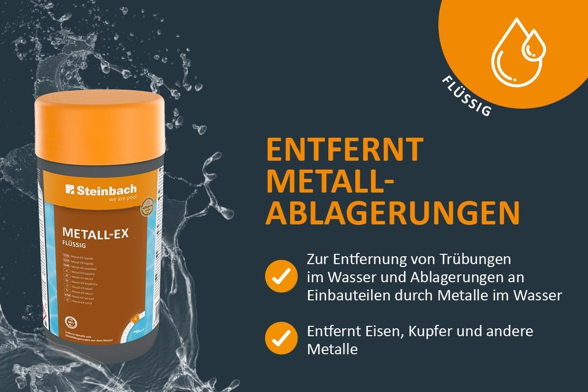 STEINBACH Metall-EX flüssig 2 l | entfernt Eisen, Kupfer & Metallablagerungen im Pool | gegen Trübungen & Ablagerungen an Einbauteilen | einfache Anwendung | für alle Pooltypen geeignet