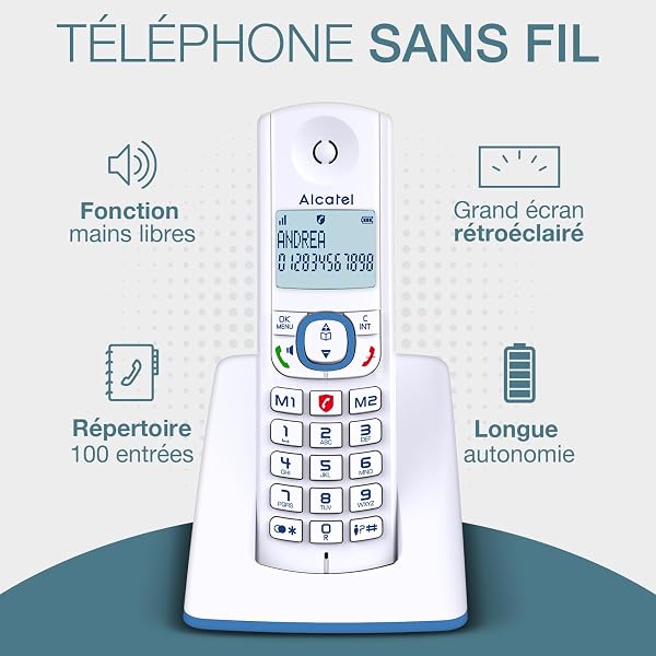 Visiter la boutique Alcatel ALCATEL F530 - Téléphone Fixe Sans Fil DECT - Grand Écran Rétroéclairé - Mains Libres - Fonction Blocage Des Appels - 2 Touches De Mémoires Directes - Blanc/Bleu in use