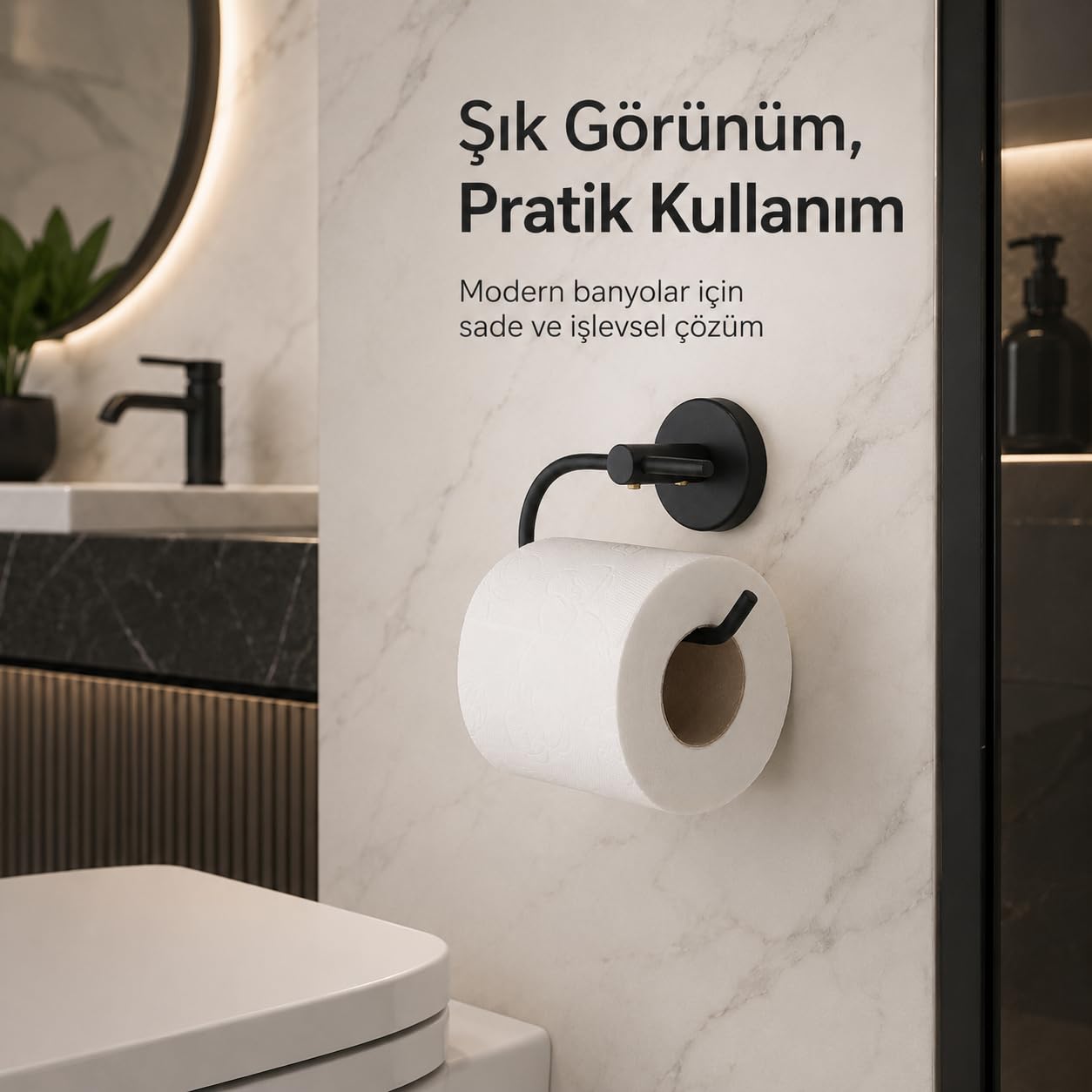 Lotus Siyah Açık Tuvalet Kağıtlığı, Yapışkanlı ve Vidalı Montajlı Tuvalet Kağıdı Askısı, Mat Siyah Statik Boyama, 35 mm Oval Bantlı Banyo Aksesuarı