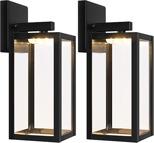 Paquete de 2 lámparas para exteriores montadas en la pared, impermeables, para exteriores, color negro, con vidrio transparente, 2700 K3000 K4000
