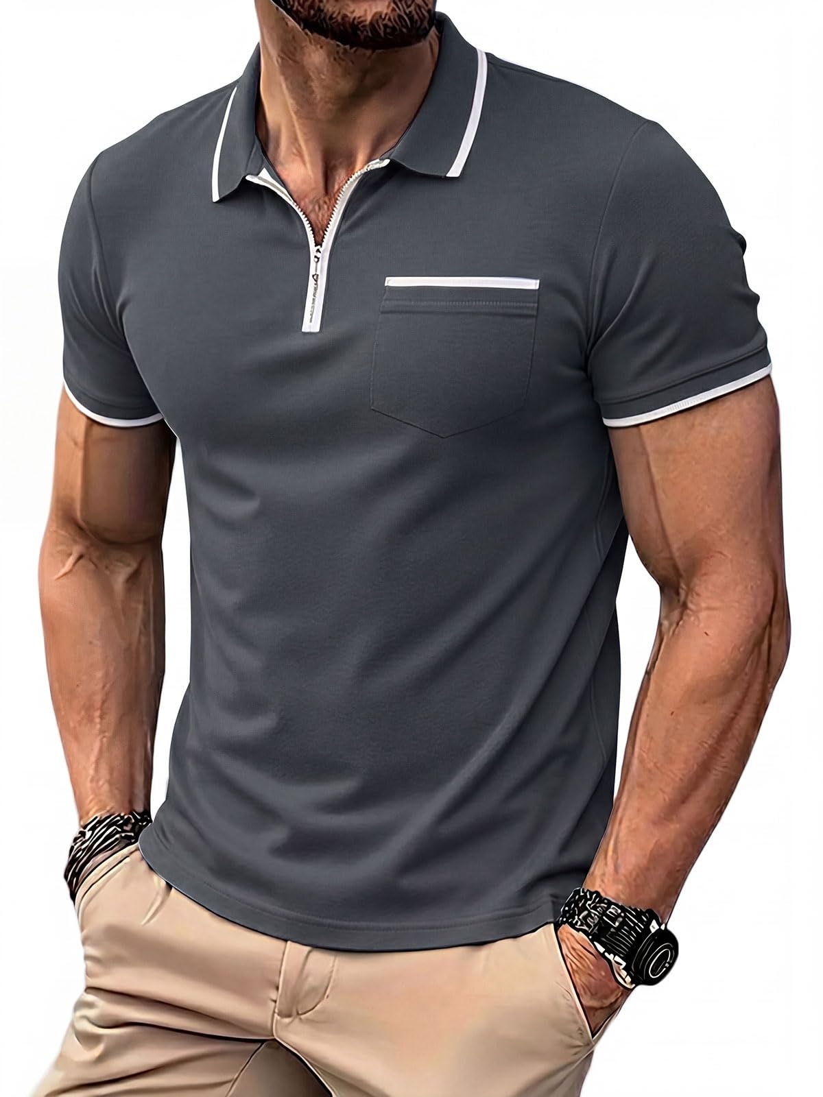 Runcati Herren Poloshirt Kurzarm Sommer Golf T-Shirt Einfarbig Slim Fit Polohemd Männer Casual Tennis Sport Shirt Basic Freizeit Poloshirts mit Reißverschluss
