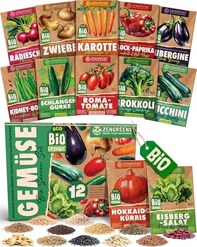 ZenGreens® - Bio Gemüsesamen Set - 12 Gemüse Samen für den einfachen Anbau im Garten, Balkon oder Hochbeet - ökologisches Saatgut - Pflanzensamen - Gemüsesamenset