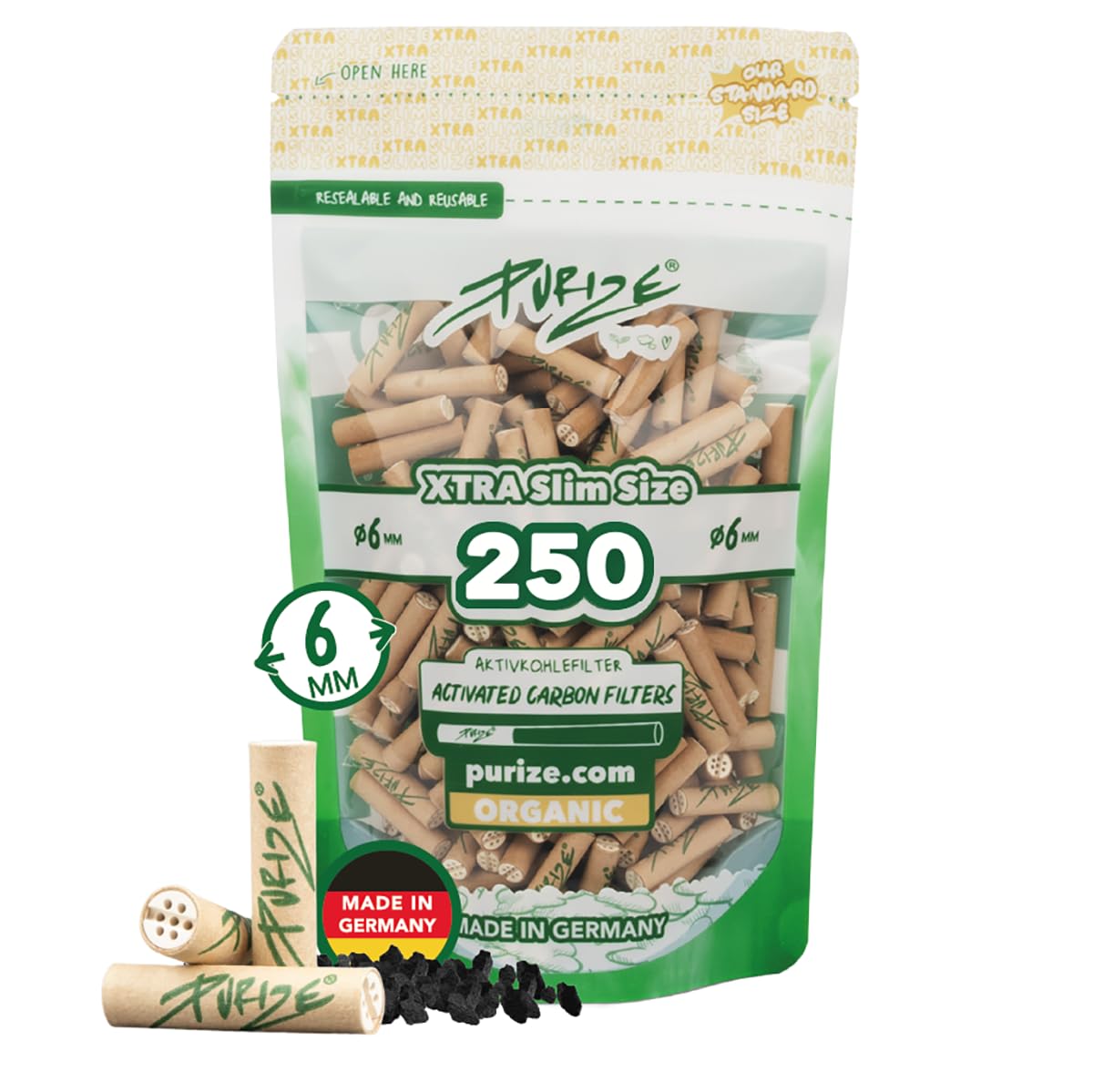 PURIZE® Beutel | 250 XTRA Slim Size Aktivkohlefilter (Spezial Set) Organic