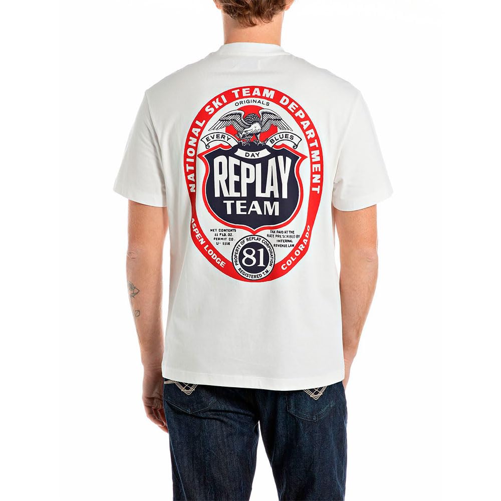 REPLAY Męski t-shirt z bawełny o luźnym kroju, 011 Natural White, XL