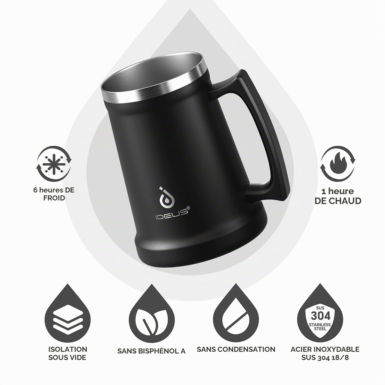 Ideus Chope à bière isotherme en acier inoxydable 710/1000 ml à double paroi avec grande poignée pour bar, fête, rassemblement (noir, 1 000 ml)