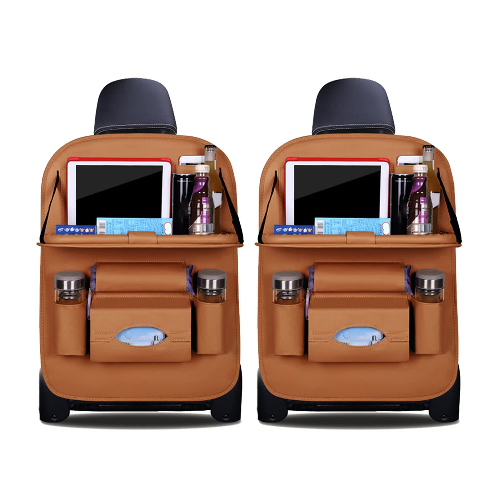 – Ergocar Car Back Seat Organiser Kick Mats Luxury PU Leather with Foldable Tablet Holder Car Organisers Car Storage Multi-Function Back Seat Protector for Long Trip and Family (Brown - 2 Pack)