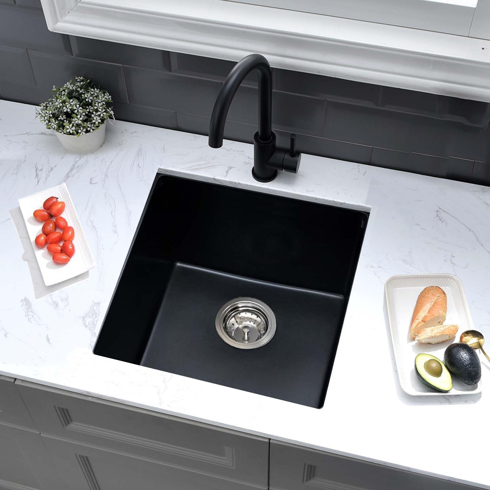 Lavello da Cucina 45 x 45 cm, Lavandino Cucina in Granito, iAnomla Nero Vasca Singola da incasso adatto per mobili sottolavello da 45 cm di larghezza, Lavabo Cucina Nero con Sifone, Moderno