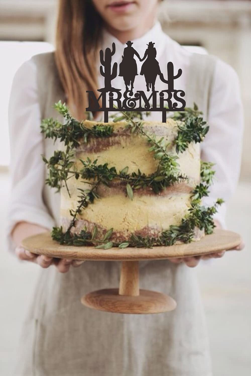 TzTwodcaz Mr & Mrs Wedding Cake Topper - Funny Western Theme With Groom & Bride On Horse, Cactus - View #3