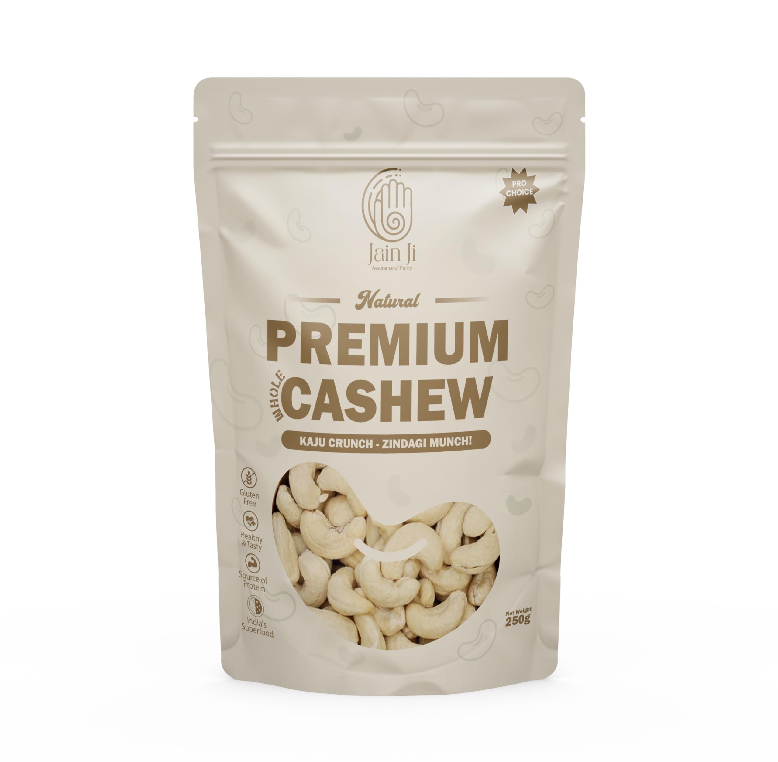 Jain Ji Natural Premium Whole Cashew, Gluten Free, Source of Protein, Non-GMO, No Artificial Additives, 250g