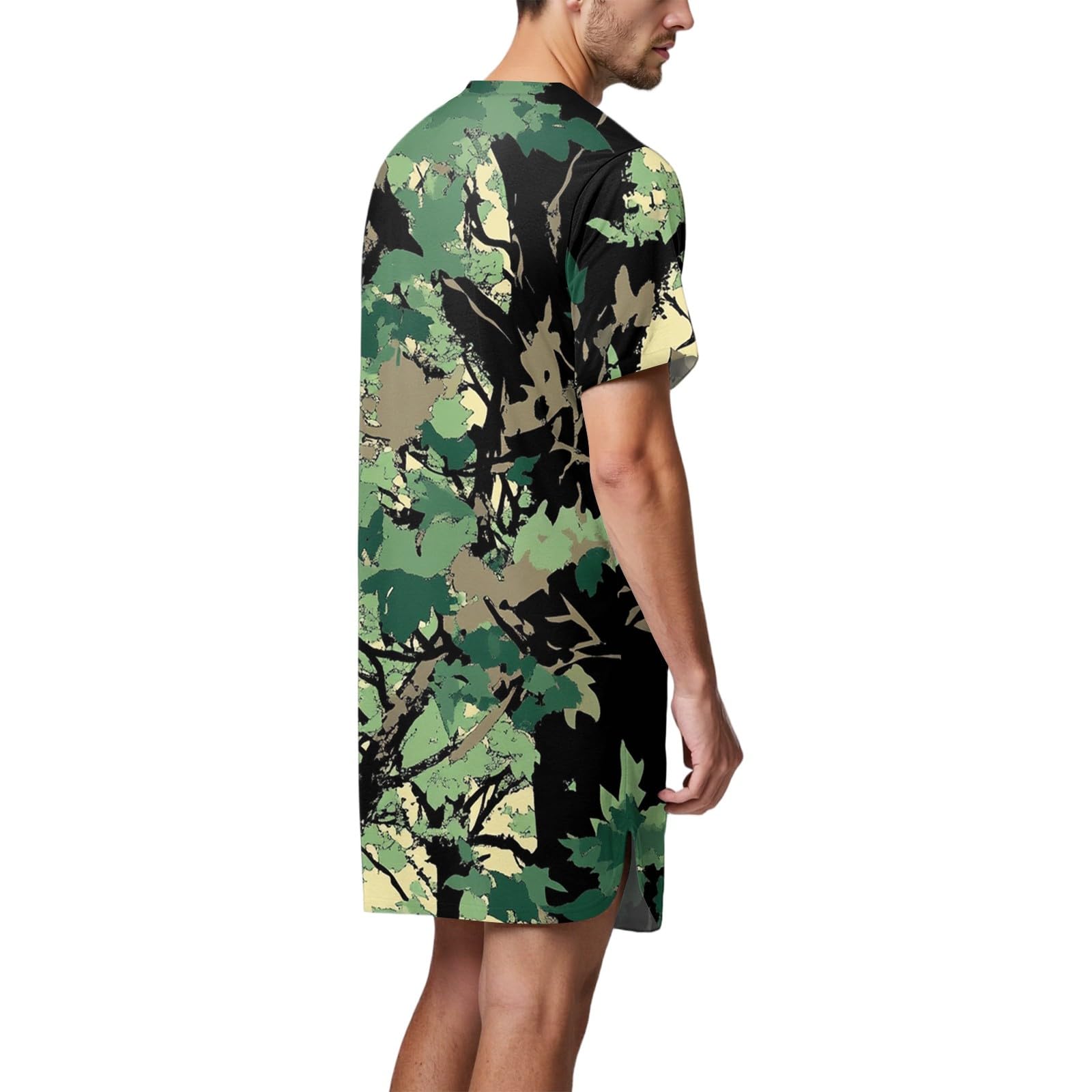 Herren knielanges Schlafshirt mit Henley-Kragen – Weiches Kurzarm Nachtwäsche-Hemd mit Bambusprint, Bequeme Loungewear
