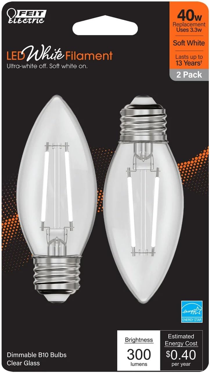 Feit LED Filament B10 E26 (Medium) Filament LED Bulb Soft White 40 Watt Equivalence 2 pk