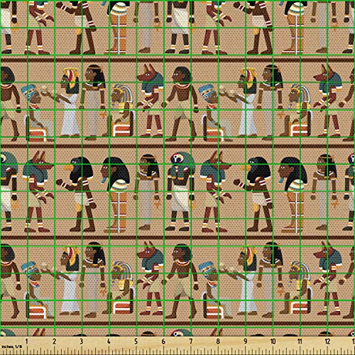 Image of Ambesonne Egyptian Print Fabric by The Yard, Egyptology Mythological Cartoon Characters Archeology History Illustration, Decorative Fabric for Upholstery and Home Accents, 3 Yards, Peach Beige