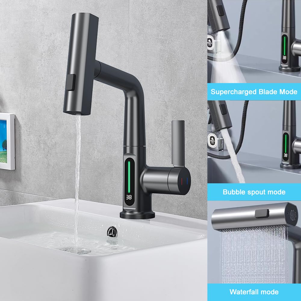 Robinets de cuisine avec rotation à 360 degrés extensible avec pulvérisateur extractible, robinet 3 voies avec régulateur de jet, noir
